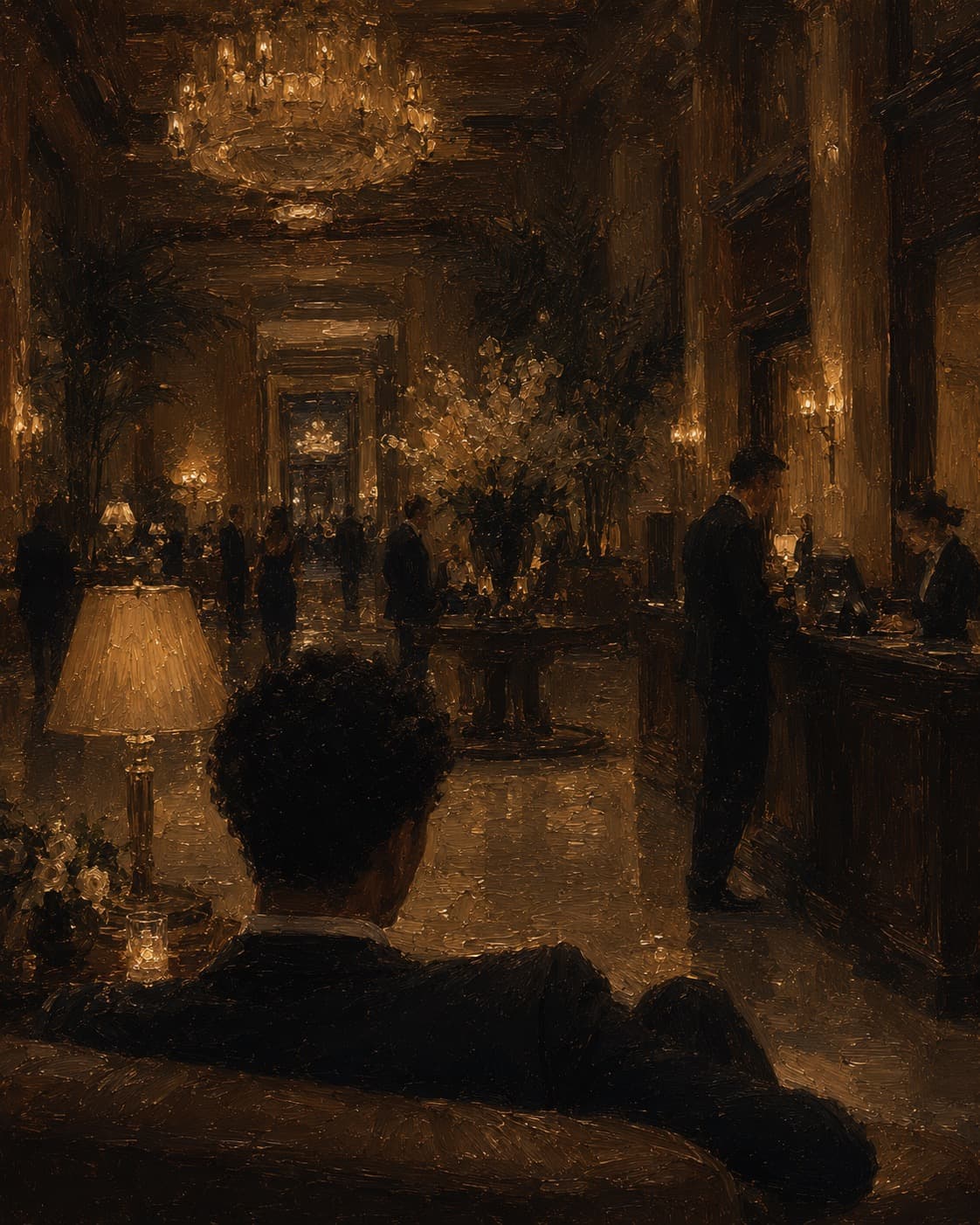 A hotel lobby in the evening, painted in warm lamplight